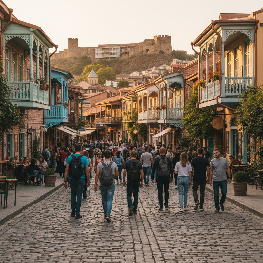 The scenic skyline of Tbilisi, Georgia, showing a mix of modern architecture and historic churches at sunset.
