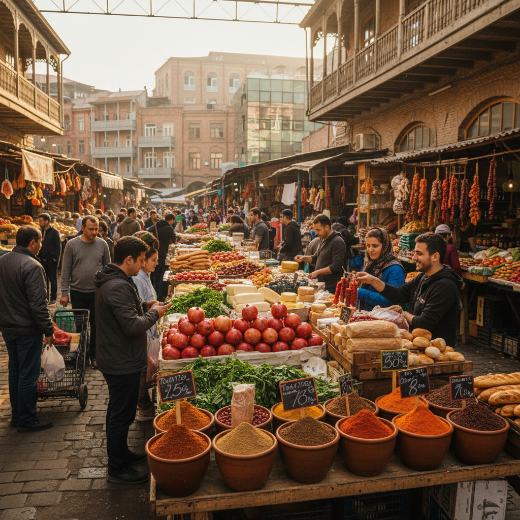 Bustling local market in Tbilisi, Georgia. Low cost of living. Pros of living in Georgia.
