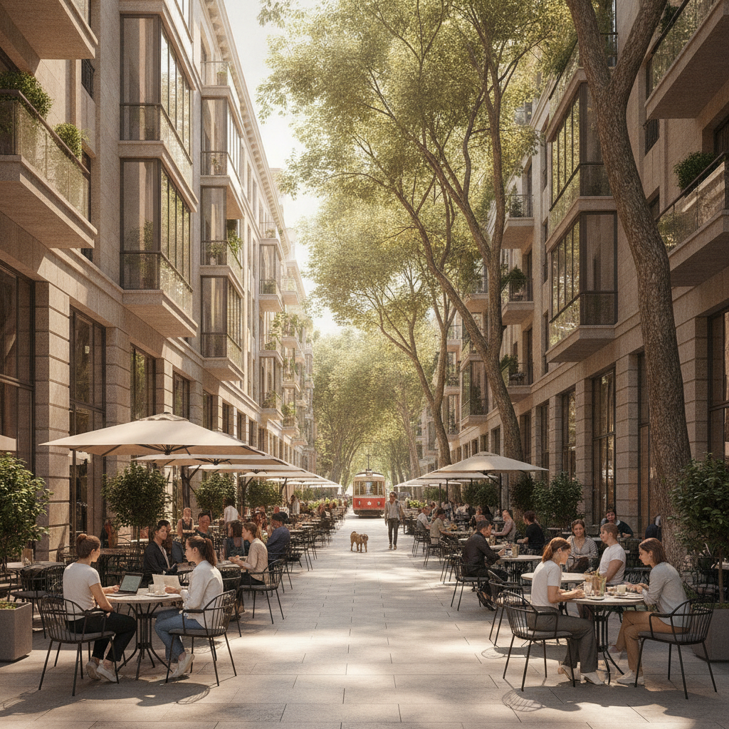 Rue chic à Vake, Tbilissi, avec des bâtiments modernes, un excellent quartier pour les expatriés.