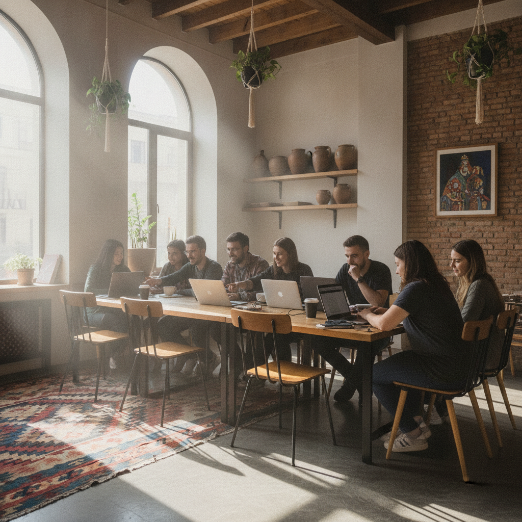 Expats working in a modern cafe in Tbilisi, Georgia